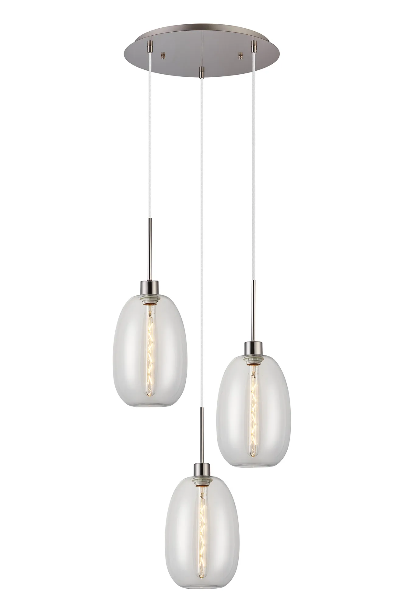 DK1361  Lori cm Round Pendant, 3 Light Adjustable E27, Satin Nickel/Clear Slim Curved Trapezium Shades